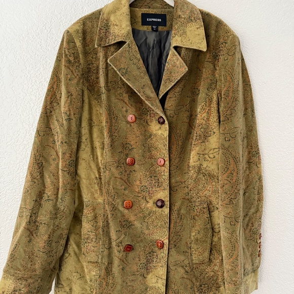 Express Women’s Vintage Moss Green Cotton Paisley Button Coat Size 14 - Picture 4 of 16